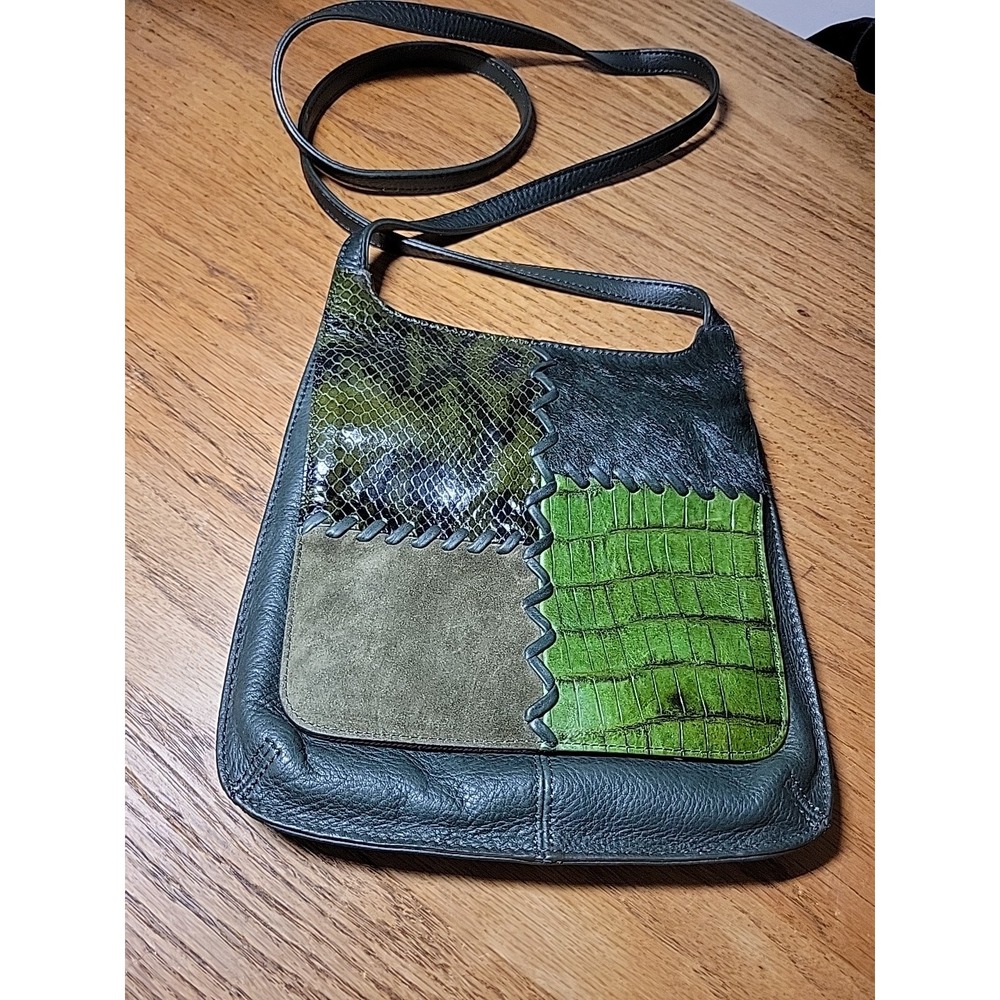 Vintage Fossil Patchwork Crossbody Bag Green Leather Mixed Media Boho Mock Croc